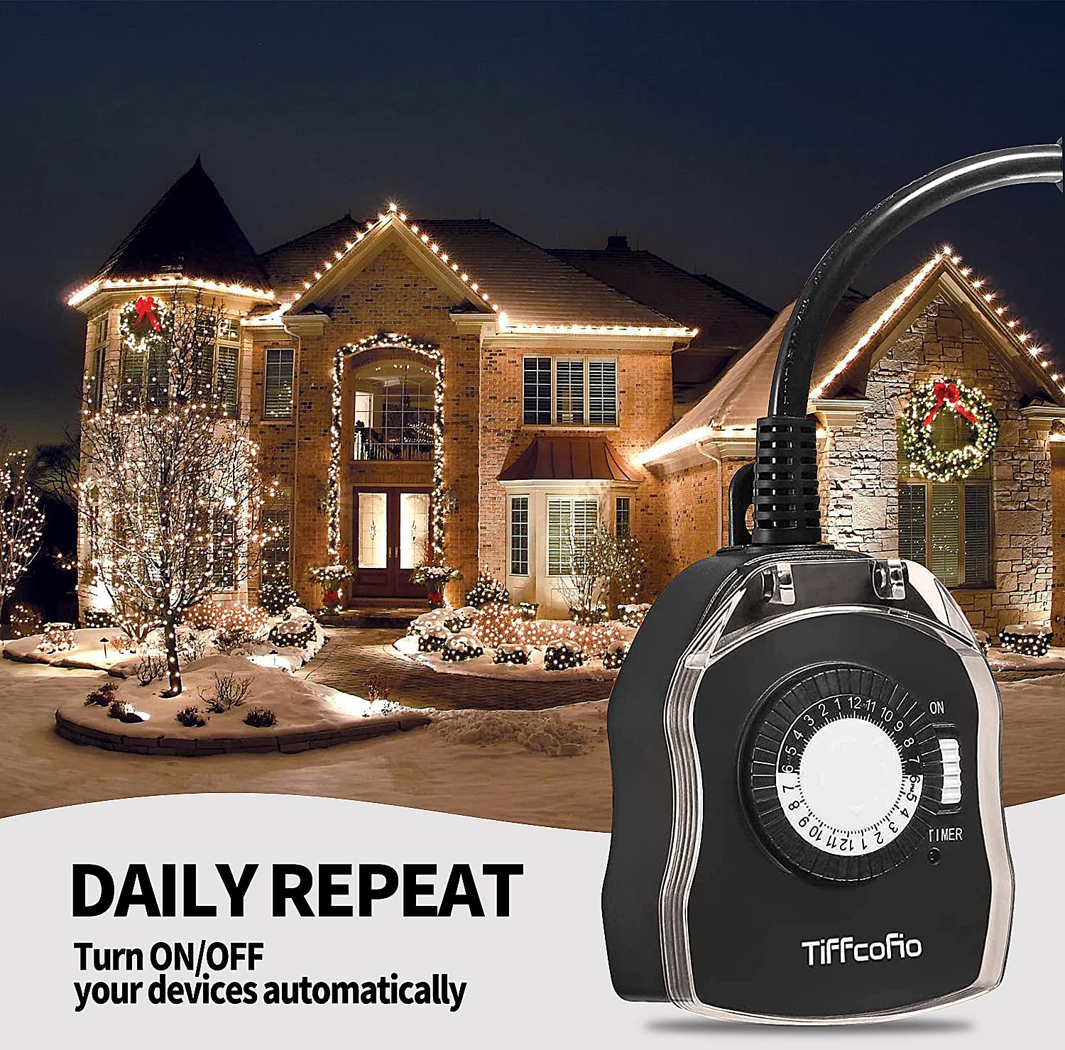 TiFFCOFiO Outdoor Timer Outlet, 24 Hour Mechanical Outdoor Timer for Pool Pump, Outdoor Light Timer Waterproof, 2 Grounded Outlets for Home and Garden, 15A 1/2HP, Heavy Duty, CSA Listed (1 Pack)