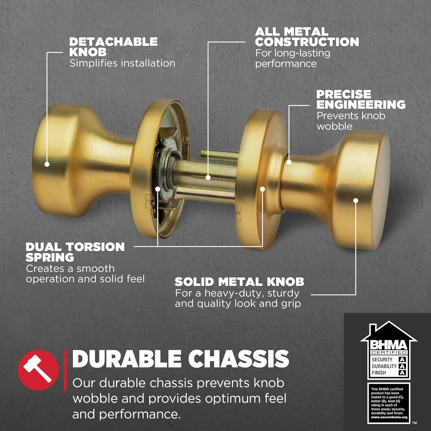 Kwikset Pismo Interior Passage Door Knob, Handle for Closet and Hallway Doors, Non-Locking Doorknob, Satin Brass, Round, Microban Protection
