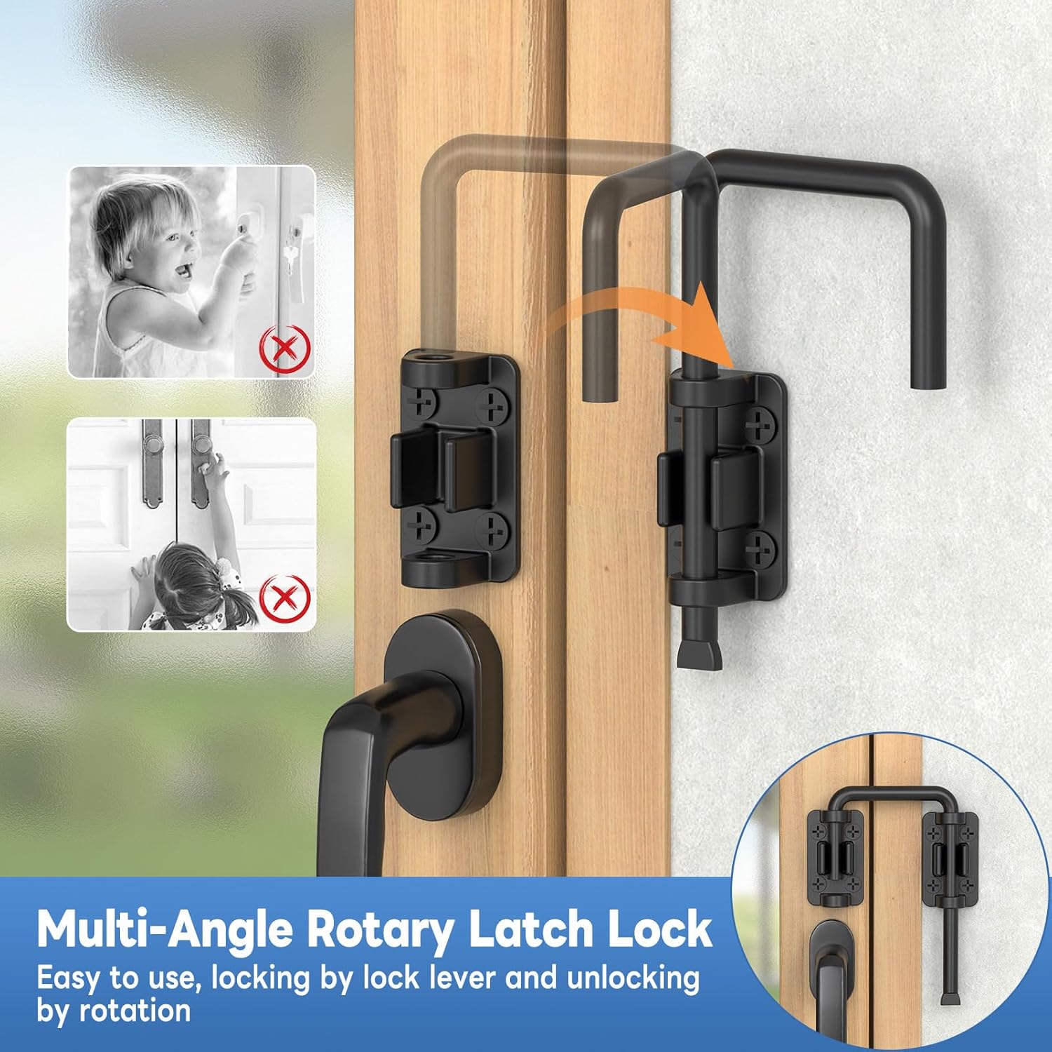 Sliding Door Loop Lock, 90/180 Degree Stainless Steel Patio Door Latch for Sliding Barn/Single/Double Opening Gate, Shed, Closet, Window, Fence - Home Security Loop Latch (Black-2PCS)