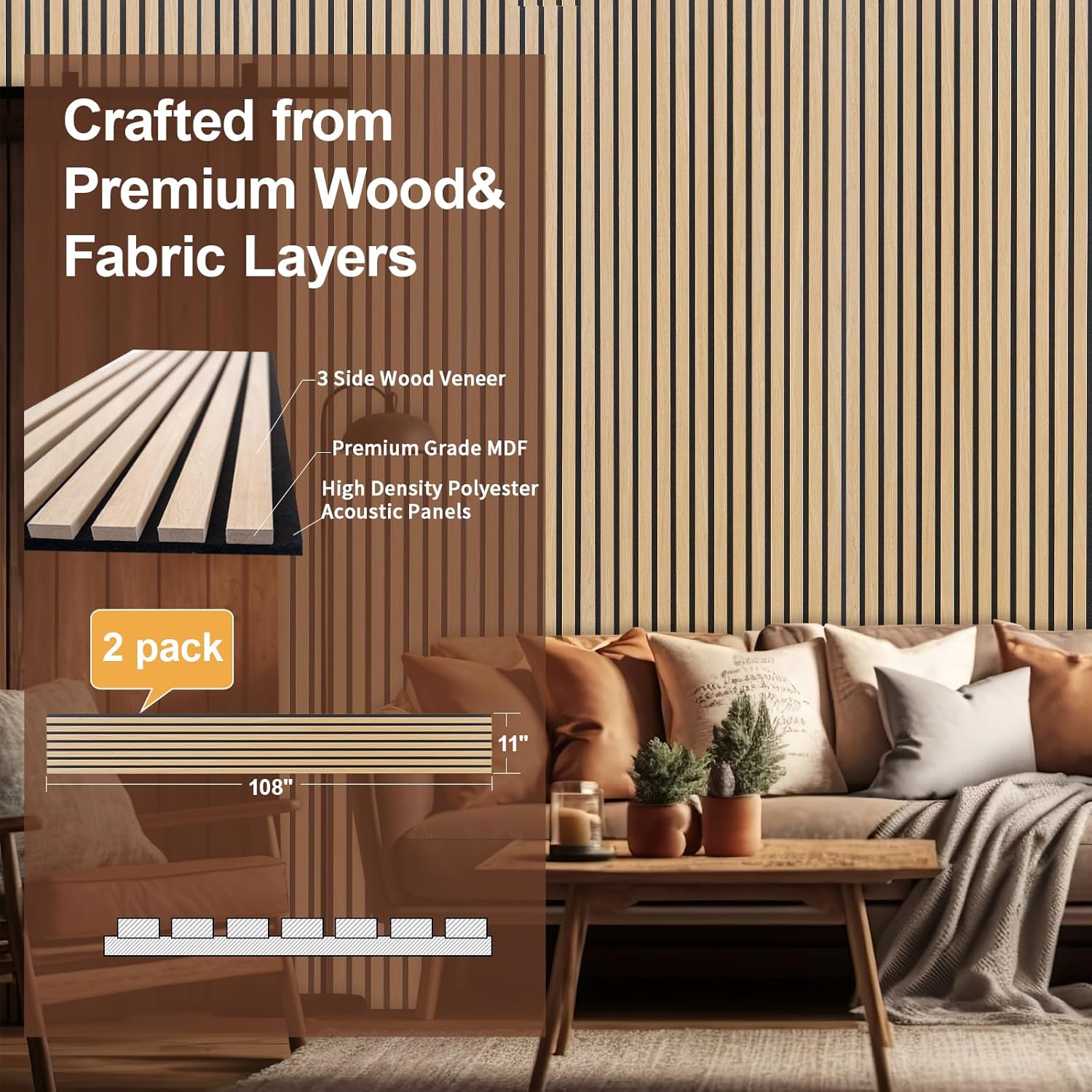 Yuzzy Wood Panels for Wall and Ceiling - 108 x 11 Inch Wood Slat Acoustic Panels 2 PCS - Modern Sound Absorbing Wall Panels for Interior Wall Decor for Home, Office, Studio - Rustic Oak