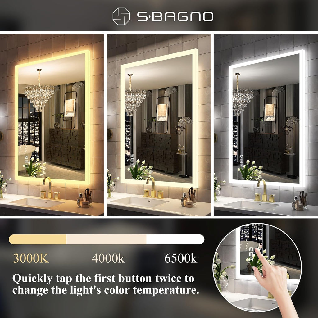 SBAGNO LED Bathroom Mirror with Lights, 40''x28'' 3D Border Bathroom Vanity Wall Mirror with Bluetooth, Anti-Fog, Stepless Dimming, 3 Colors, Tempered Glass Lighted Vanity Mirror for Bathroom
