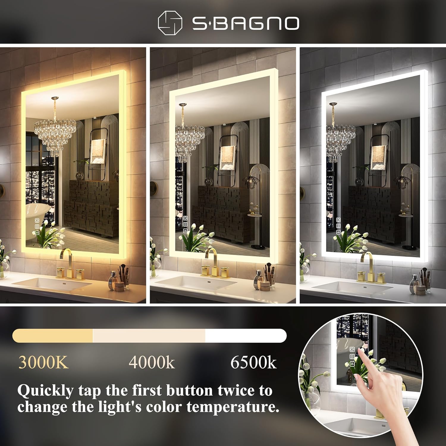 SBAGNO LED Bathroom Mirror with Lights, 40''x28'' 3D Border Bathroom Vanity Wall Mirror with Bluetooth, Anti-Fog, Stepless Dimming, 3 Colors, Tempered Glass Lighted Vanity Mirror for Bathroom