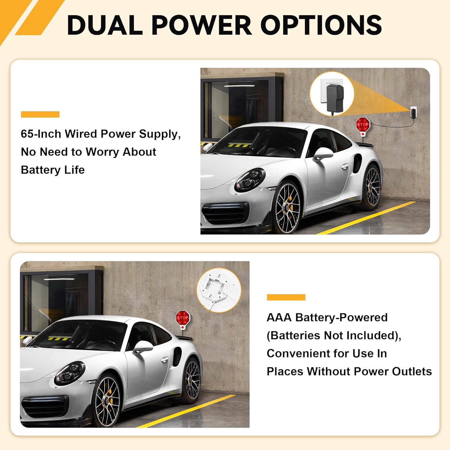 Adjustable Garage Parking Sensor Aid with with Red/Yellow/Green LED Display, Garage Parking Aid Set Stop Distance 6"–6 ft, Battery (Not Included) or USB Powered, No-Drill Installation(White)