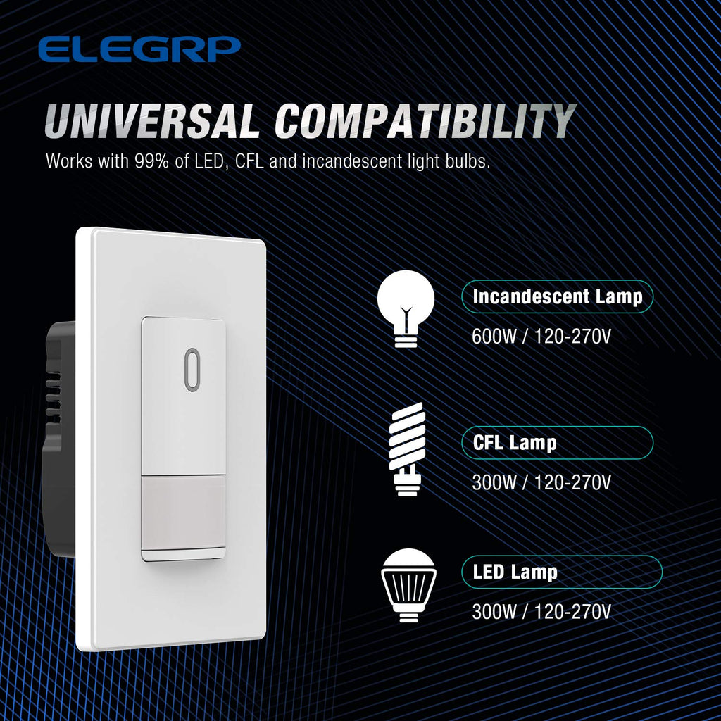 ELEGRP Single Pole Occupancy Motion Sensor Light Switch, Need Grounding Wire No Neutral Wire, 120° Sensor Coverage PIR Infrared Motion Activated, for CFL/LED/Incandescent Bulb, UL,1 Pack, Matte White