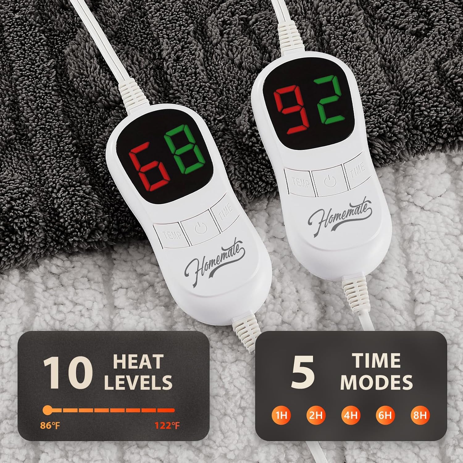 Homemate Electric Heated Blanket King - 100"x90" Heating Bed Blankets Throw with 10 Heating Levels 8 Hours Auto Off Fast Heating Over-Heated Protection Ultra Soft Warm Flannel ETL Certified