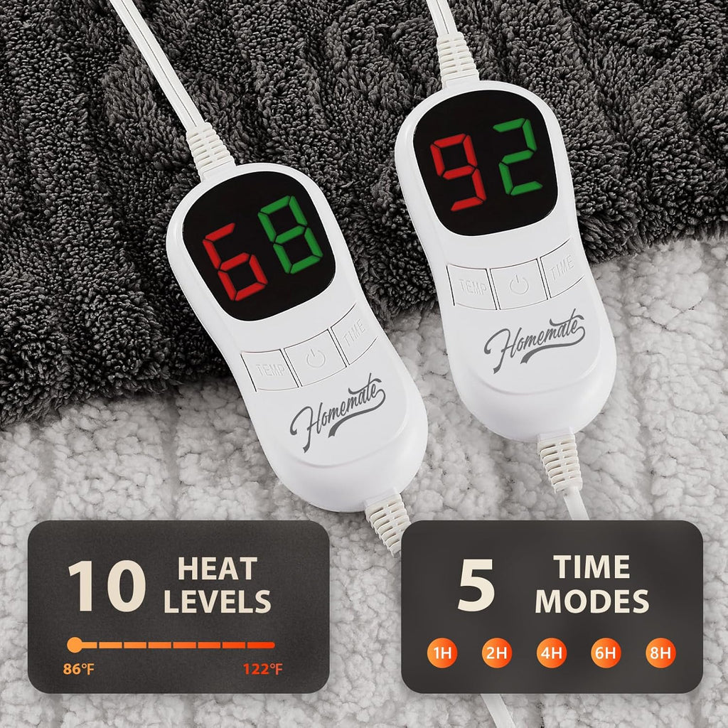 Homemate Electric Heated Blanket Queen - 84"x90" Heating Bed Blankets Throw with 10 Heating Levels 8 Hours Auto Off Fast Heating Over-Heated Protection Ultra Soft Warm Flannel ETL Certified