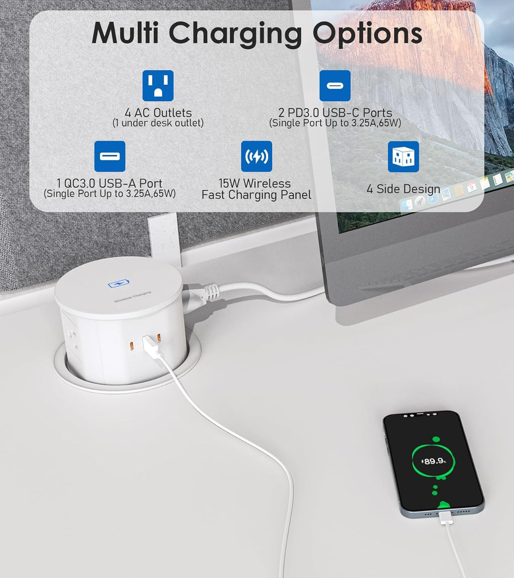 ANNQUAN 4.75" Pop Up Outlet with 65W USB-C,15W Wireless Charger,4 Outlets,3 USB Ports,Pop Up Countertop Receptacle Outlet for Home Office Kitchen
