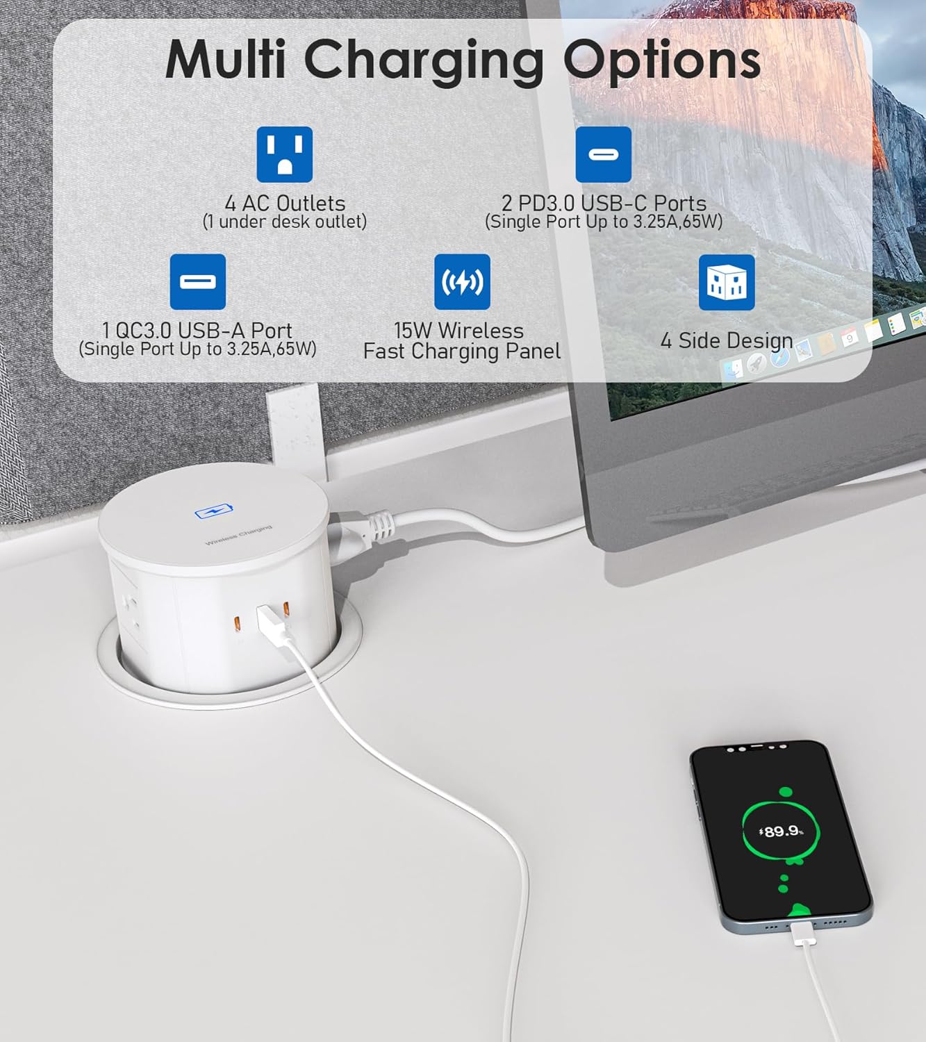 ANNQUAN 4.75" Pop Up Outlet with 65W USB-C,15W Wireless Charger,4 Outlets,3 USB Ports,Pop Up Countertop Receptacle Outlet for Home Office Kitchen