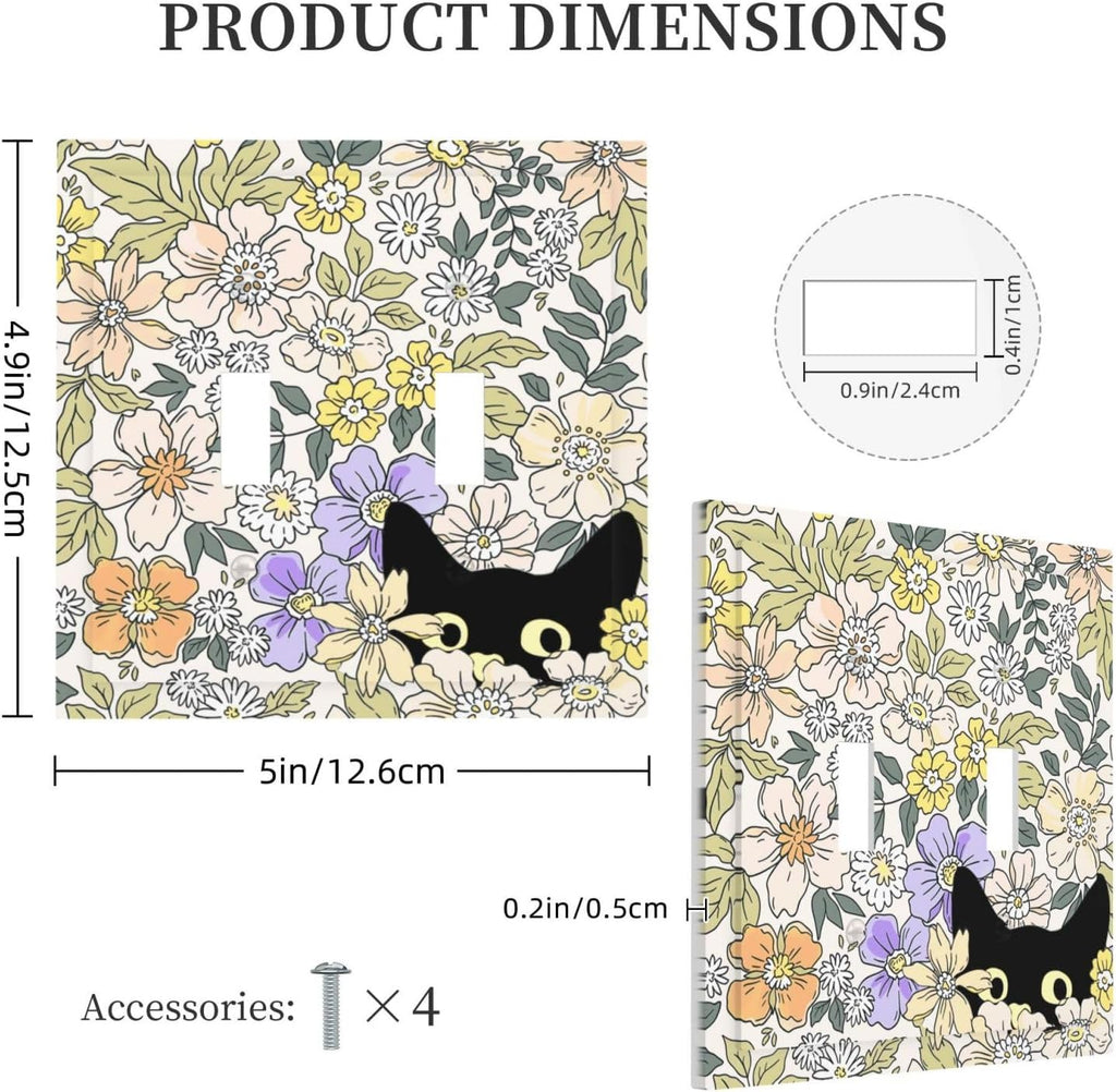 Decorative Light Switch Plate Covers Cute Black Cat in a Flower Patch Botanical Garden 2 Gang Wall Plate Double Toggle Double Light Switch Covers for Bedroom Home Decor （2 Pack）
