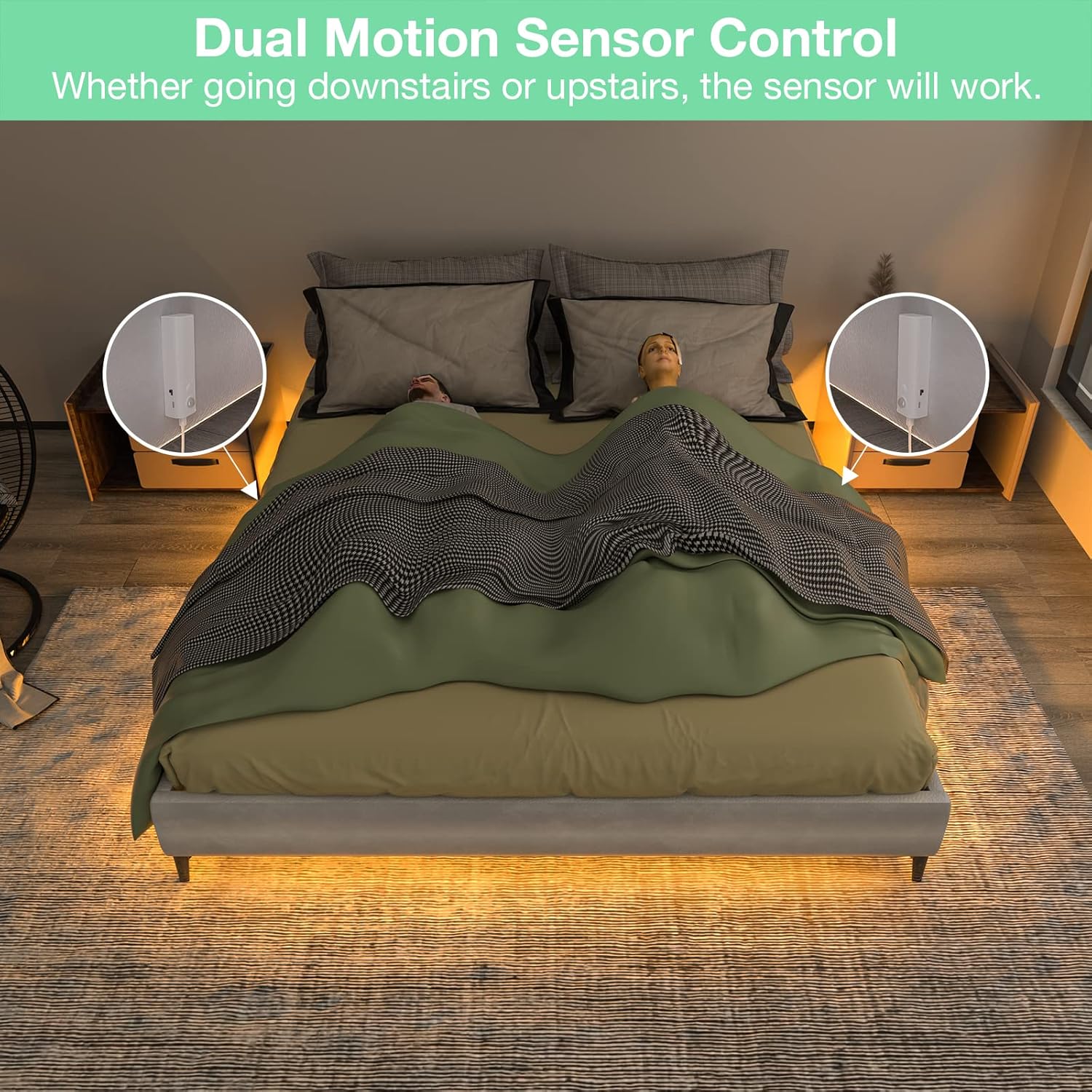 WOBANE Dual Motion Sensor Under Bed Lights,Rechargeable 16.4ft LED Light Strip,Battery Powered Tape Light for Shelves,Cabinet,Anywhere,PIR Detector,Cuttable,Flexible,2700K Warm White