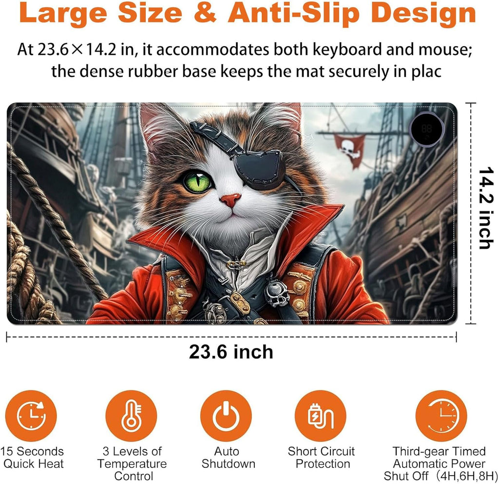 Small Heated Desk Pad 23.6" x 14.2" – Compact Electric Mouse Pad with 3 Heating Levels, Auto Shut-Off, Waterproof PU Surface, Plug-in Warmer for Office or Home Use, Pirate Cat