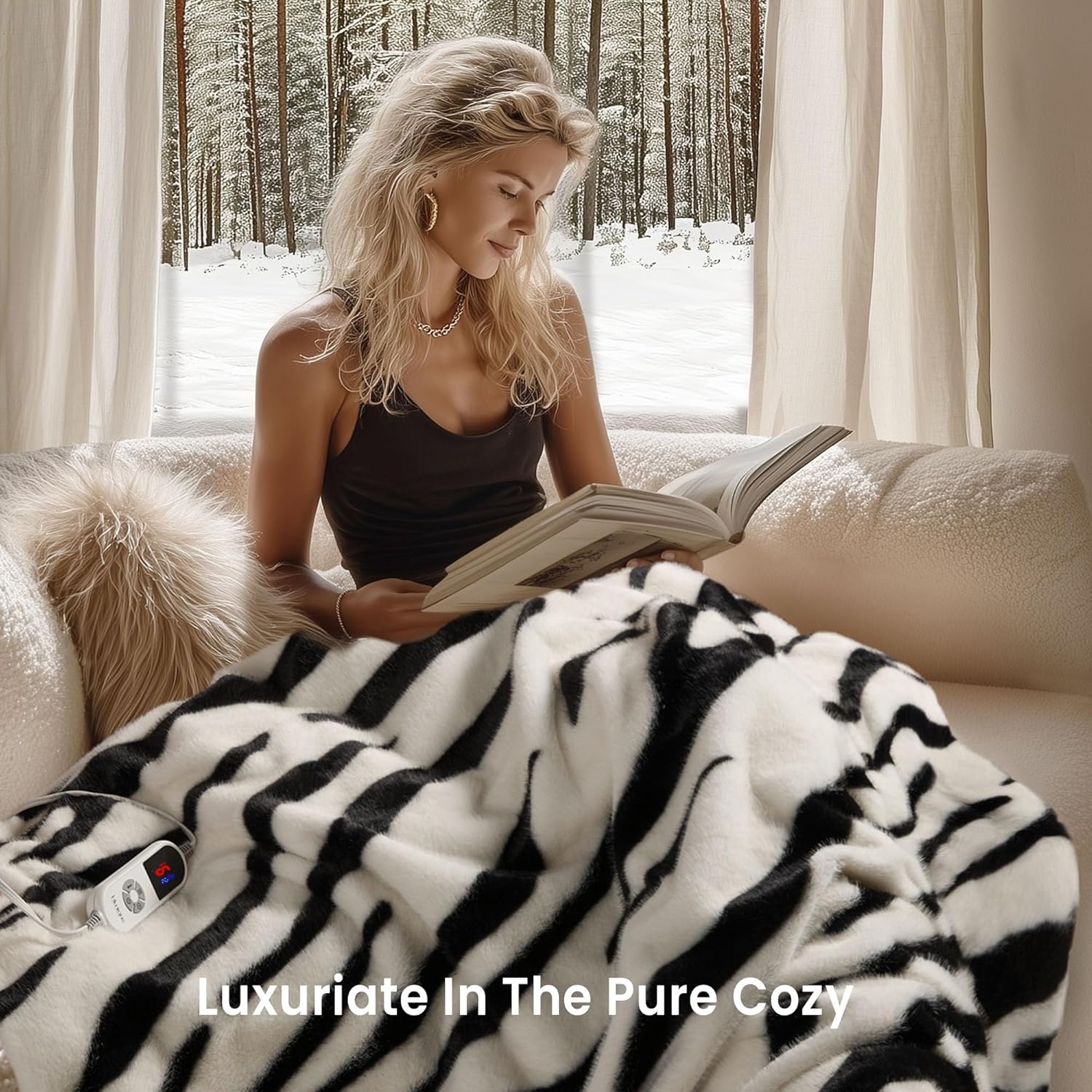 Luxury Faux Fur Heated Blanket Electric Throw - Zebra Print Ultra Soft Thick Warm Heated Blanket, 6 Heating Levels & 12 Hours Auto-Off, ETL Certified, Washable, Luxurious Gifts, 50''x60''