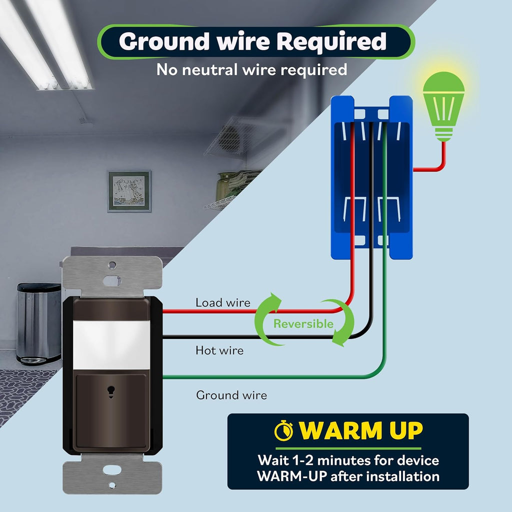 TOPGREENER PIR Motion Sensor Switch, Ambient Light Level Detector, No Neutral Required, 150W LED/CFL, 1/6 HP, Occupancy Vacancy Modes, Ground Wire Required, Single Pole, TDOS5-JM, Brown