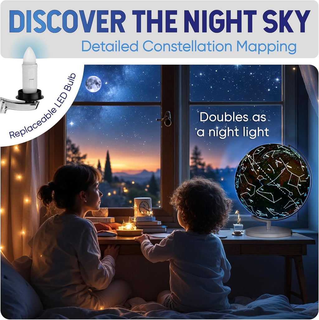 9" Illuminated Educational Kids World Globe + STEM Flags & Countries Interactive Card Game. 3 in 1 Children Desktop Spinning Earth Political & Constellation Maps, LED Night Light Lamp