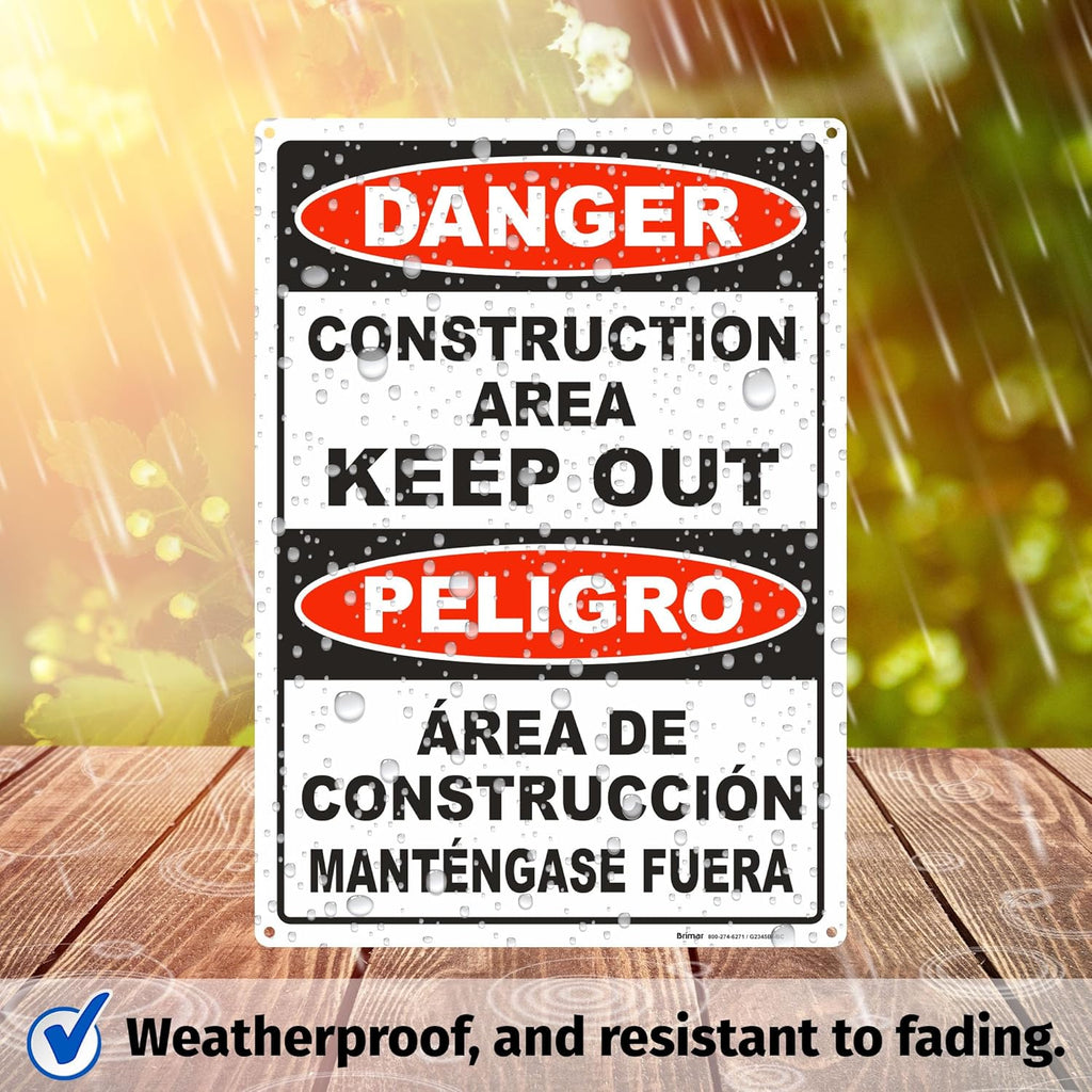Brimar - 10" x 14" - Bilingual Danger Construction Area Keep Out Sign - .055″ Polyethylene Plastic - Bold Text - Easy Installation