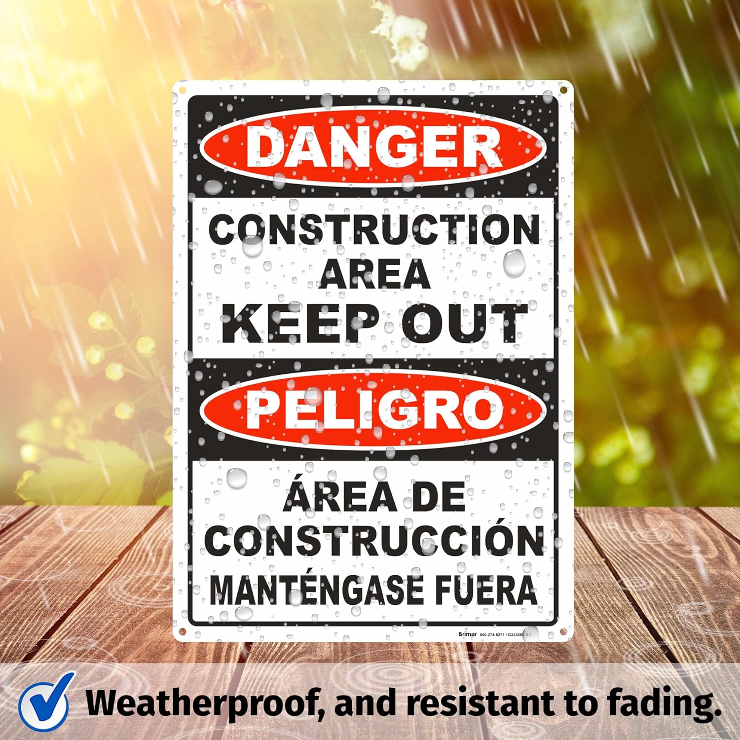 Brimar - 10" x 14" - Bilingual Danger Construction Area Keep Out Sign - .055″ Polyethylene Plastic - Bold Text - Easy Installation