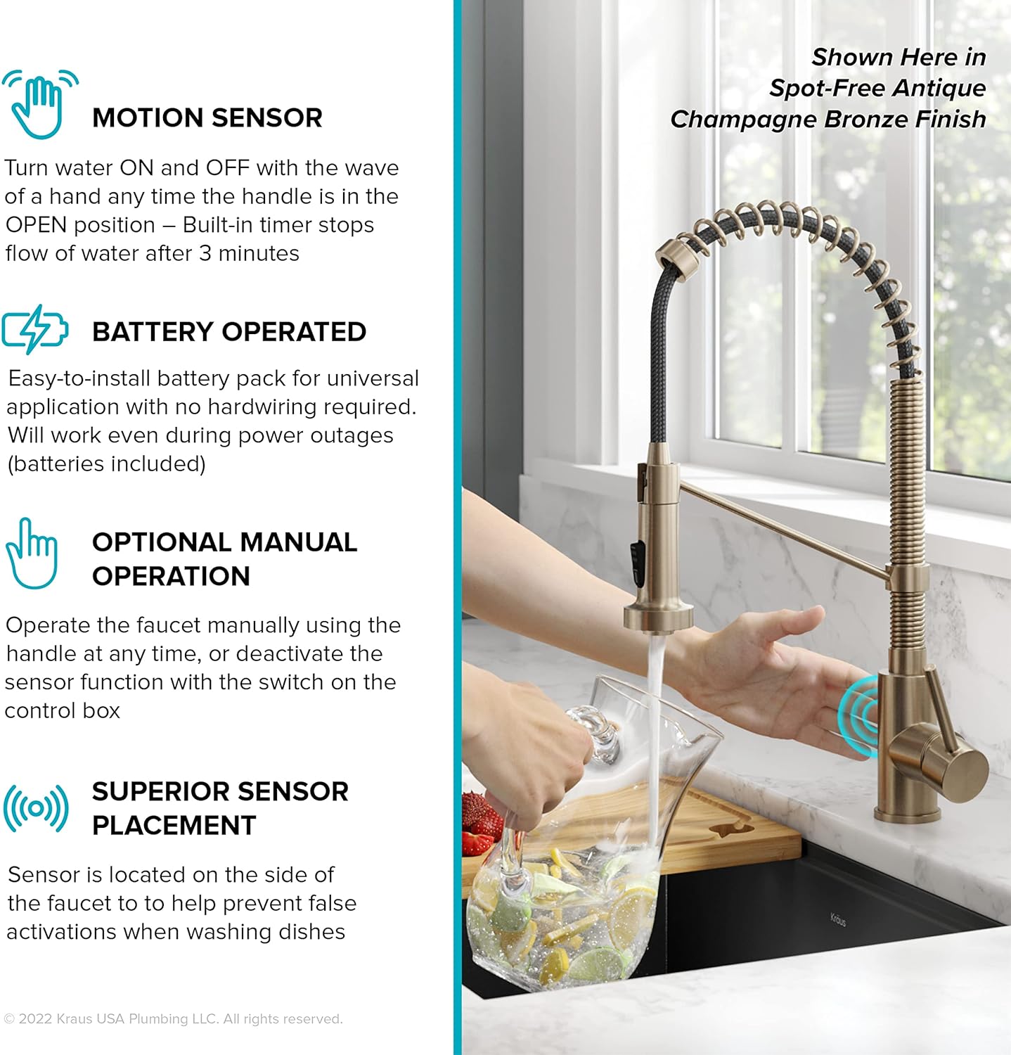 KRAUS Bolden Touchless Sensor Commercial Style 2-Function Single Handle Pull Down Kitchen Faucet in Spot-Free Brushed Brass, KSF-1610BB