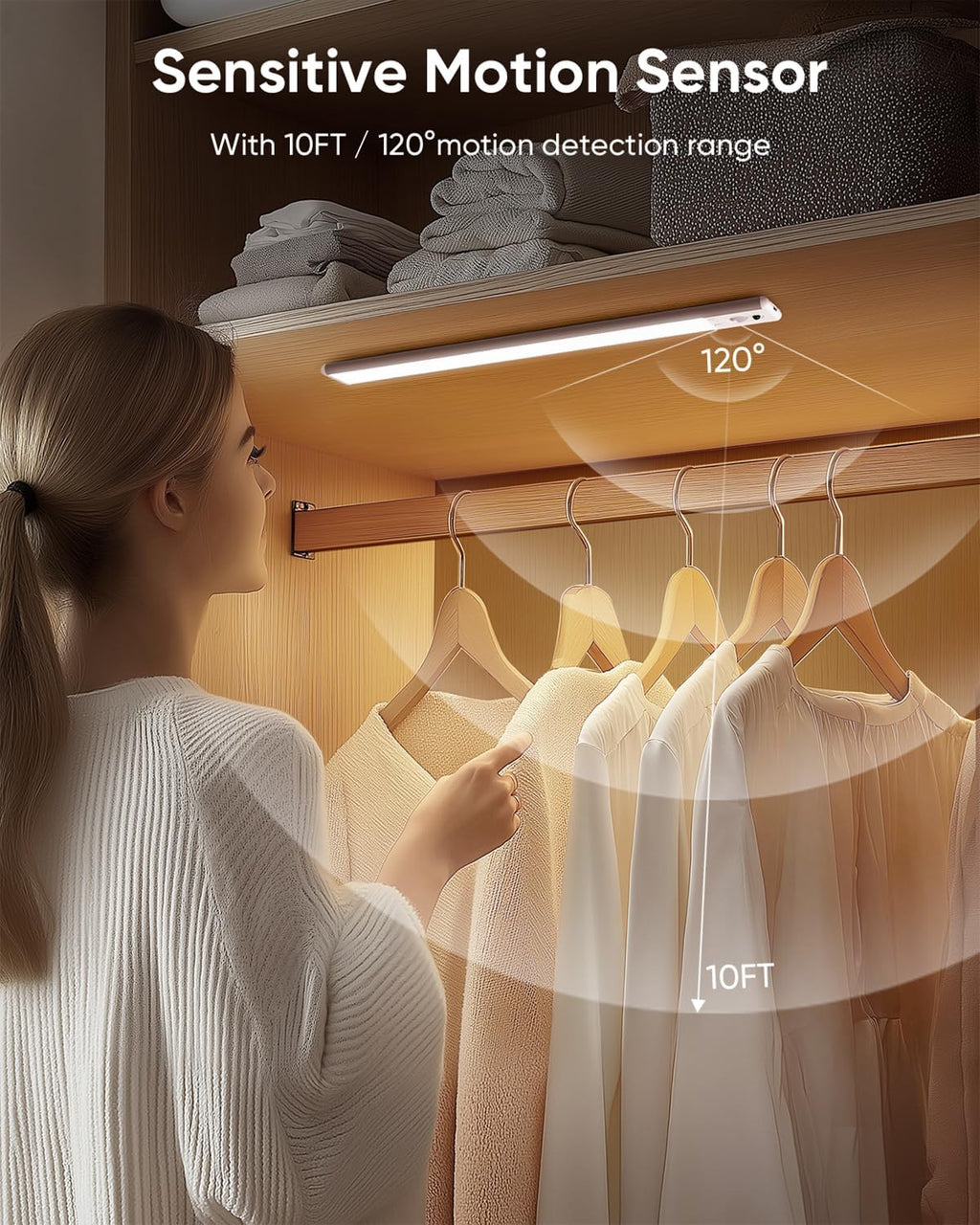 Under Cabinet Lighting Wireless, Rechargeable 62 LED Motion Sensor Light Indoor, 3 Color Temps Closet Lights with Remote Control, Dimmable Magnetic Under Counter Lights for Kitchen, Stairs, 4 Pack