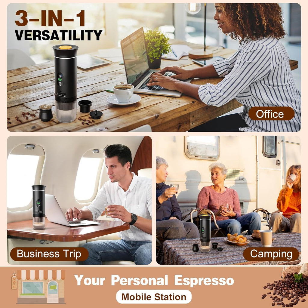 Portable Battery Espresso Coffee Maker for Travel, 20 bar Smart Display Mini Car Espresso Machines, 3-in-1 Self-Heating Electric Espresso Maker, USB-C Ground Coffee & Capsule Pod(Ns&DG) RV, Hiking
