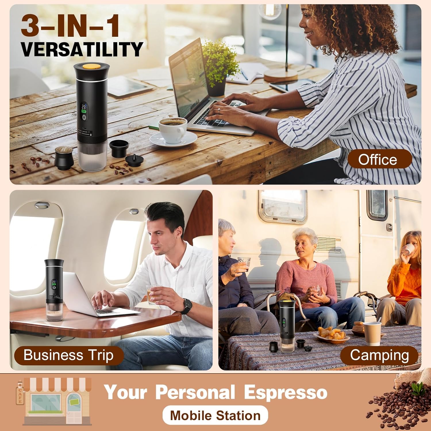 Portable Battery Espresso Coffee Maker for Travel, 20 bar Smart Display Mini Car Espresso Machines, 3-in-1 Self-Heating Electric Espresso Maker, USB-C Ground Coffee & Capsule Pod(Ns&DG) RV, Hiking