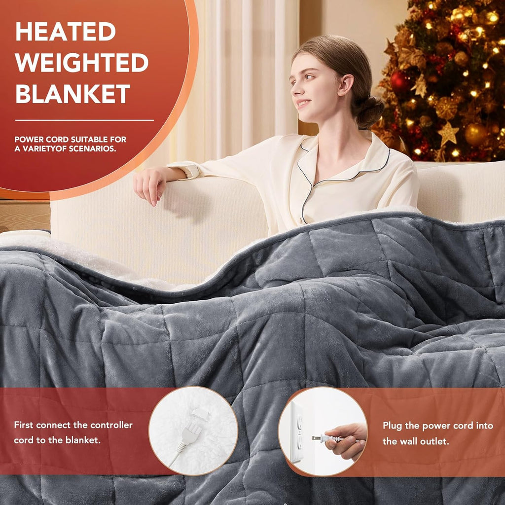 Homemate Heated Weighted Blanket for Adults - 50"x60" 10lbs Electric Throw Fast Heating Heavy Blanket 1/2/4/6/8 Hour Auto Off 10 Heat Levels Over-Heat Protection Soft Flannel Sherpa
