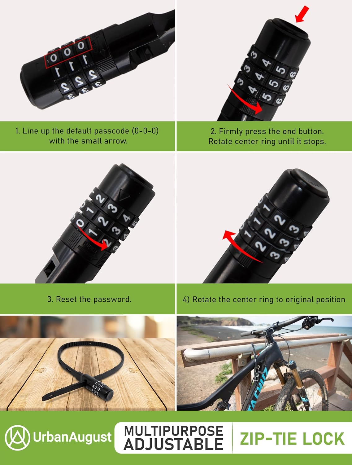 Urban August Adjustable Zip Tie Combination Lock for Cabinet Refrigerator Bike Stroller Helmet Skateboard Luggage- Multi-Purpose French Door Lock - Stainless Steel Fridge Lock (1)