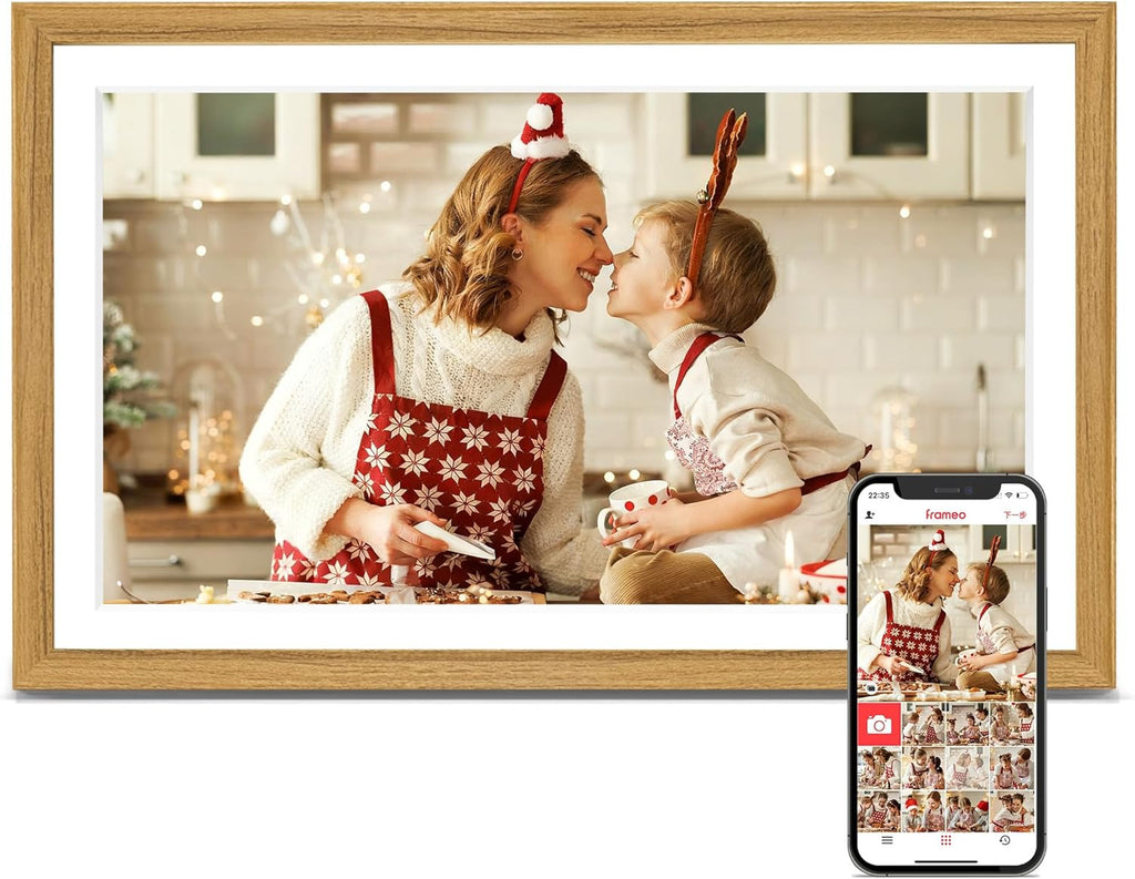 Digital Picture Frame, Frameo 15.6 Inch Large Digital Photo Frame WiFi, 1920 * 1080 IPS FHD Touchscreen, 32GB, Tabletop&Wall-Mounted, Share Video Picture, Electric Frame, Mom Gifts, Natural Woodgrain