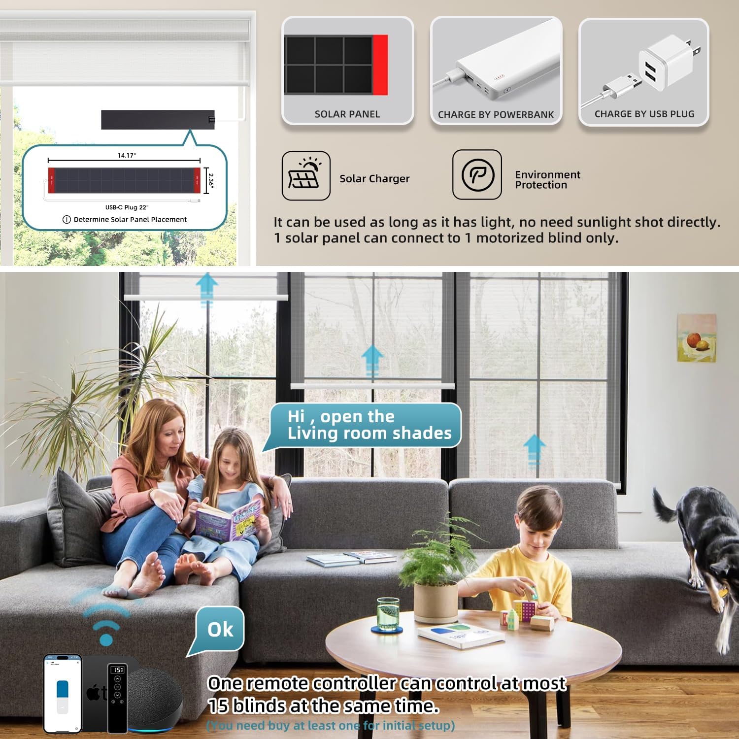 SmartWings Motorized Light Filtering Shades, 50% Blackout PVC Free Smart Blinds, Custom Size, Rechargeable Battery, Works with Matter/Apple HomeKit, Alexa, Thread/Zigbee, Remote Optional, 50% Pearl