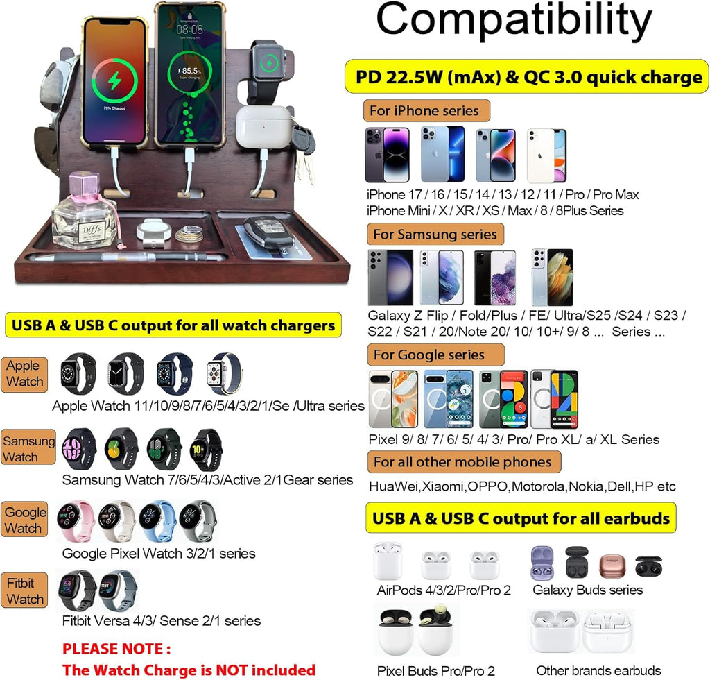 Wood Phone Docking Station for Men Nightstand Organizer Charger with 4 USB PD & QC3.0 Fast Charging Station for Multiple Devices iPhone Samsung Google Android Anniversary Birthday Gifts for Him