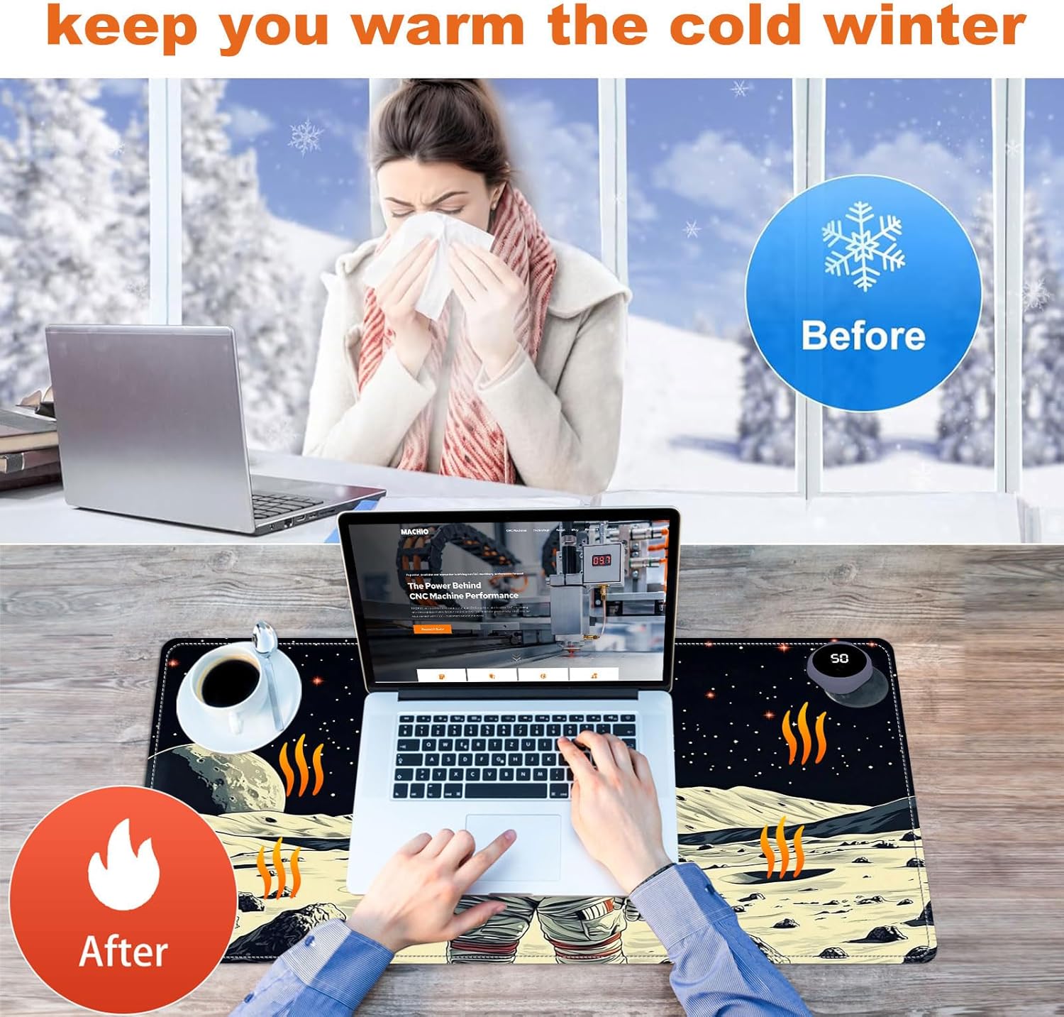 Small Heated Desk Pad 23.6" x 14.2" – Compact Electric Mouse Pad with 3 Heating Levels, Auto Shut-Off, Waterproof PU Surface, Plug-in Warmer for Office or Home Use, Astronaut on Moon