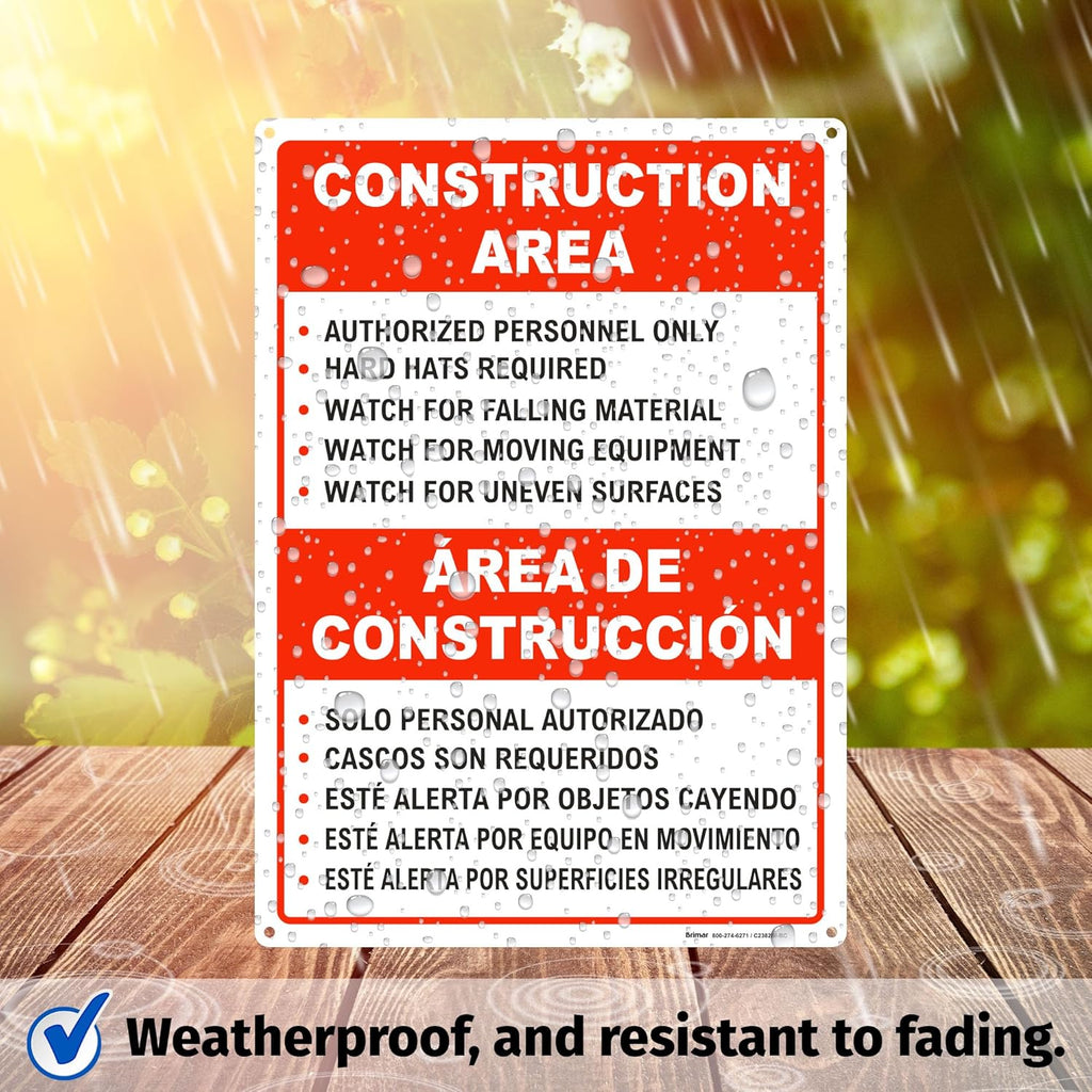 Brimar - 10" x 14" - Bilingual Construction Area Rules Sign - .055″ Polyethylene Plastic - Bilingual Design - Easy Installation