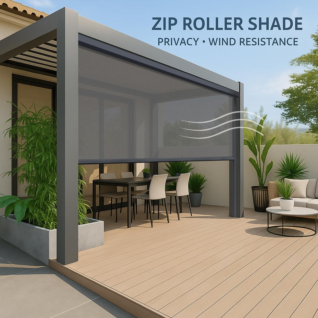 ZSHINE Hard-Wired Outdoor Snow Blocking Weatherproof Motorized Patio Roller Shades Remote Control for Porch Balcony Customized Size (Grey 10% Openness)