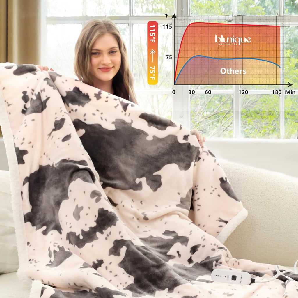 Cow Print Heated Throw Blanket Electric Blanket-Heating Blanket Throw with 10 Heat Levels & 10 Hours Auto-Off, Cozy Soft Fleece Sherpa, Washable, 50 x 60 Inches Cow Print Light Coral