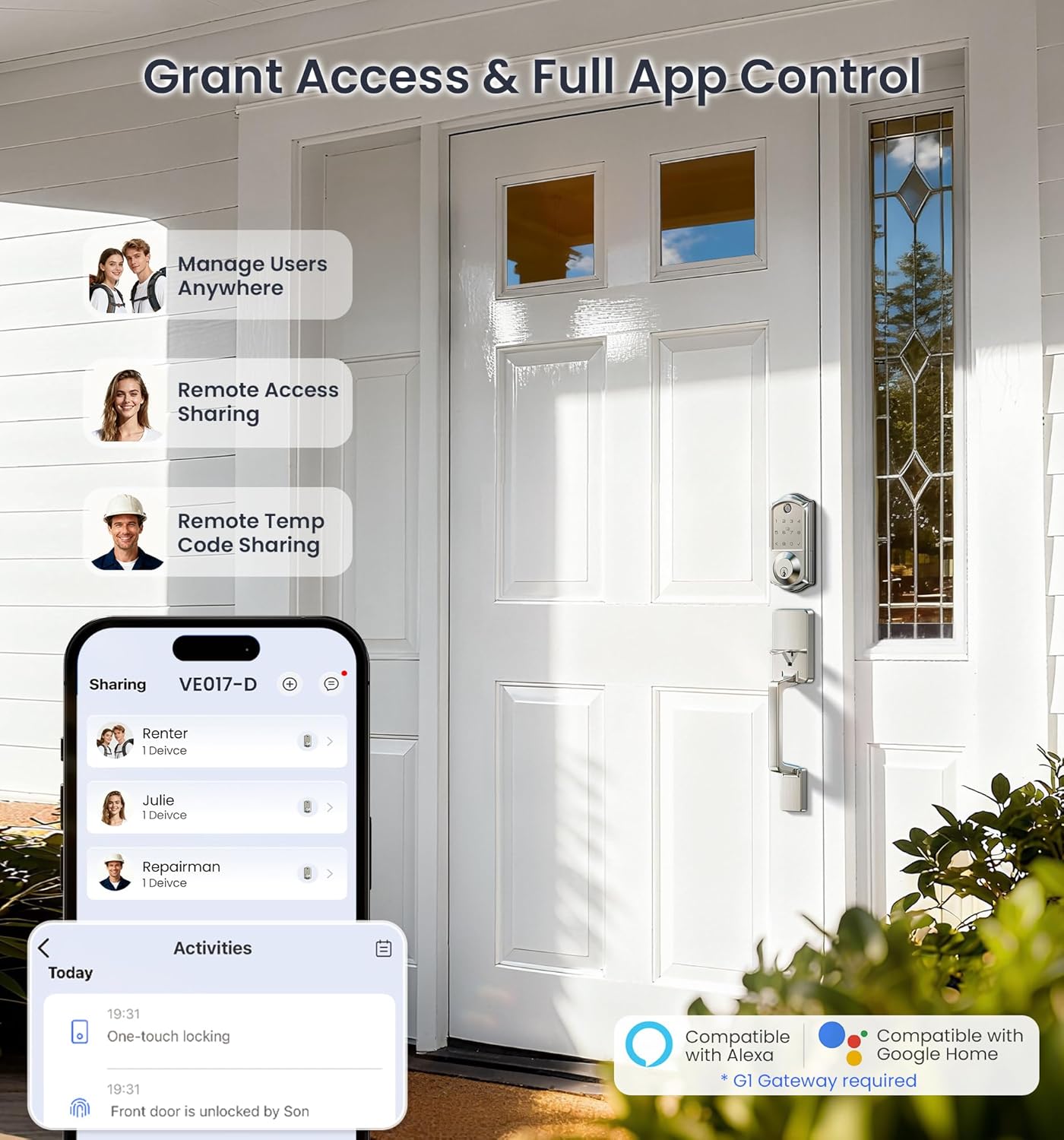 Veise VE017-D Fingerprint Smart Front Door Lock Set, App Control, 8-in-1 Keyless Entry Deadbolt with Lever Handle, Emergency Power Port, Auto Lock, Touchscreen Keypad, Easy Install, Satin Nickel