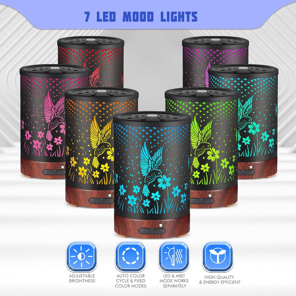Essential Oils Diffuser,Aromatherapy Diffuser,Birthday Gifts for Women Mom Grandma,Metal Cool Mist Humidifier with 7 Colors Lights Waterless Auto Off Air Diffusers (C-Hummingbirds)