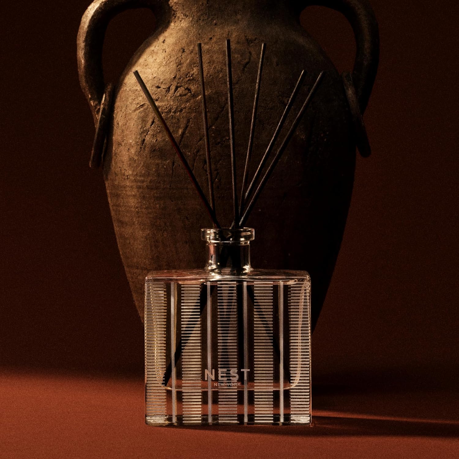 NEST New York Reed Diffuser, Moroccan Amber - 5.9 fl oz - Fragrance for Up to 90 Days - Reusable, Refillable Glass Holder - Includes 8 All-Natural Reed Sticks - Flame Free