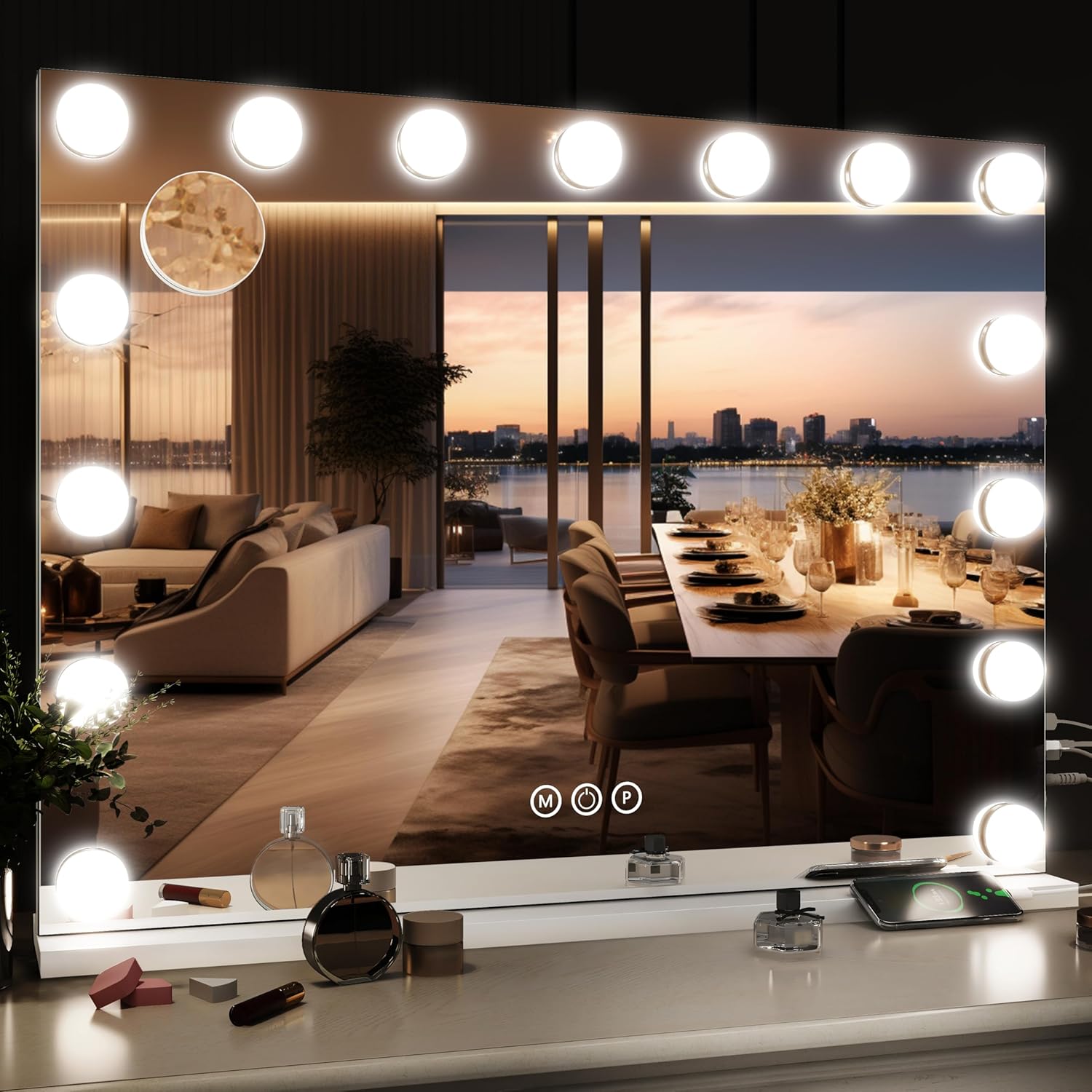 ROLOVE 32"x24" Hollywood Vanity Mirror with Lights, 18 Dimmable LED Bulbs, 3 Color Modes, 10X Magnification, USB Charging Port, Tabletop or Wall-Mounted