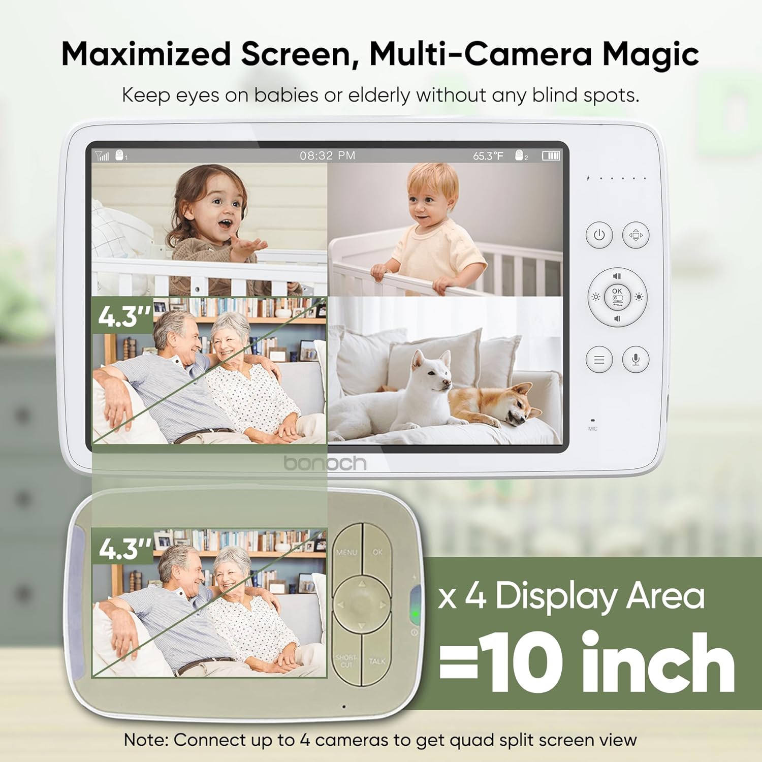 bonoch MegaView Baby Monitor, 10" Video Monitor with 2 Cameras, 10000mAh Battery, Quad Split Screen Baby Monitor with Camera and Audio, VOX Mode, Auto Night Vision, Remote PTZ, Hack Proof