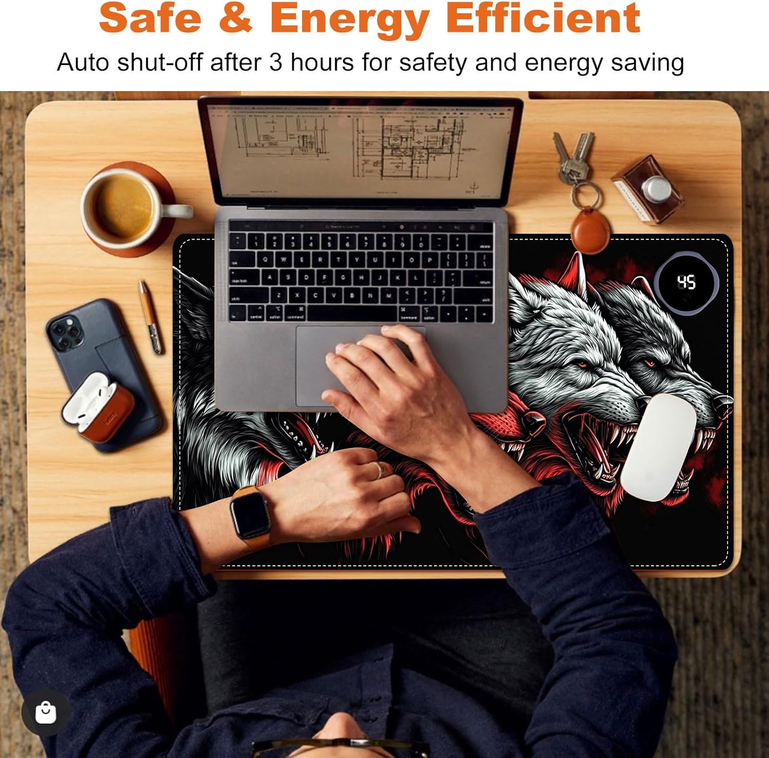 Small Heated Desk Pad 23.6" x 14.2" – Compact Electric Mouse Pad with 3 Heating Levels, Auto Shut-Off, Waterproof PU Surface, Plug-in Warmer for Office or Home Use, Four Wolves