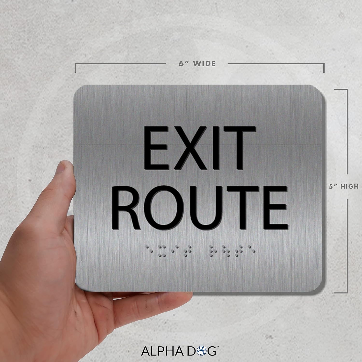 ALPHA DOG ADA SIGNS - Exit Route Sign with Braille for Your Business, 5x6 Inch, ADA Compliant, Indoor or Outdoor, Easy Installation, Made in the USA, Brushed Metal