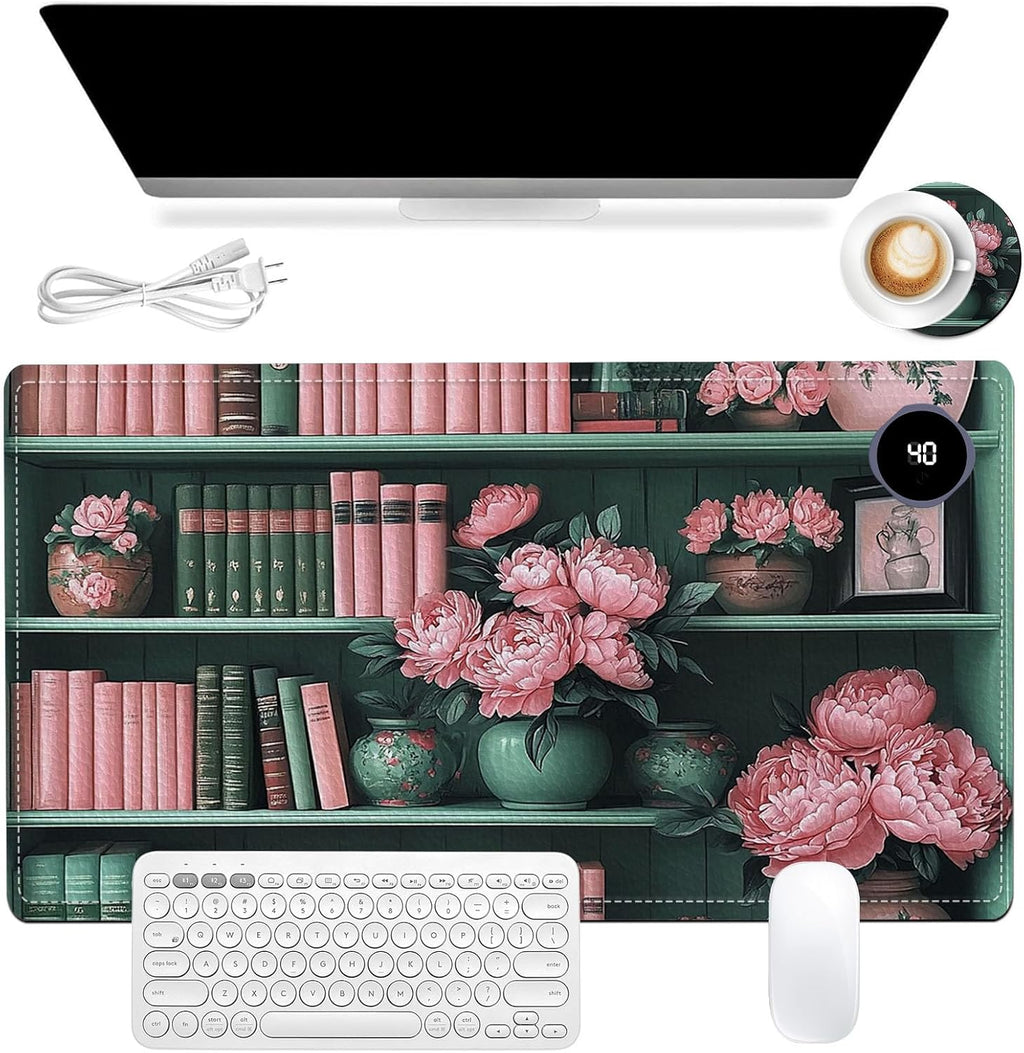Heated Mouse Pad 23.6 x 14 in 3-Temp Fast Heating Desk Mat with Auto Timer Warmer for Hands Wrist Pain Relief Waterproof Keyboard Mat for Office, Gaming, Home, Vintage Floral Bookshelf