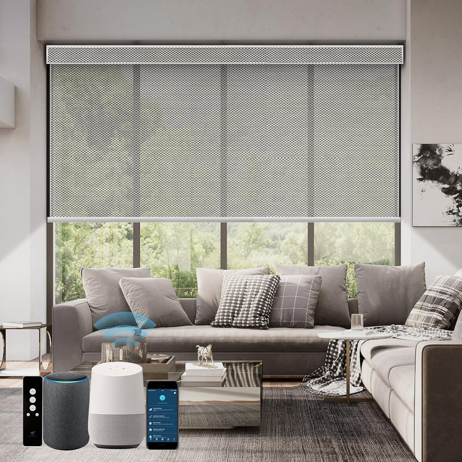 SmartWings Motorized Roller Shades 5% Openness Work with Homekit, Alexa SmartThings Google, Zigbee Motor Smart Blinds for Windows, Cordless Remote Window Shades, Rechargeable, Customized, White Grey