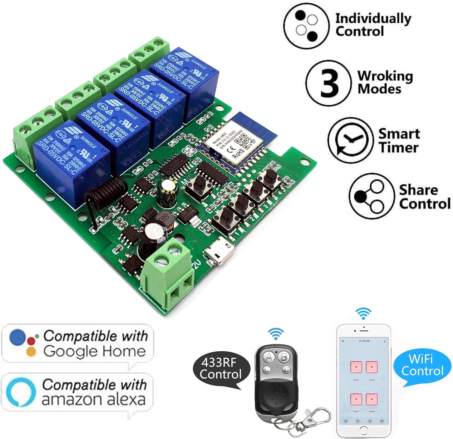 4 channelsWiFi Wireless Smart Switch Inching Self-locking Relay Module, be applied to access control Tuya SmartLife APP,DIY WIFI Garage Door Opener With 433 MHz RF remote control