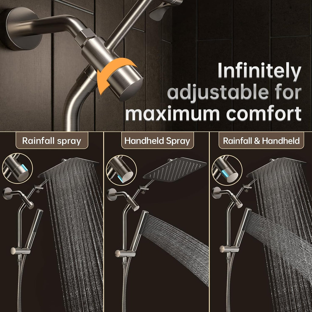 Veken 10" Luxurious Brushed Nickel All Metal Rain Shower Head with Handheld Spray Combo, High Pressure Rainfall Square Shower Heads with Extension Arm, Wide Dual Showerhead, Bathroom Accessories
