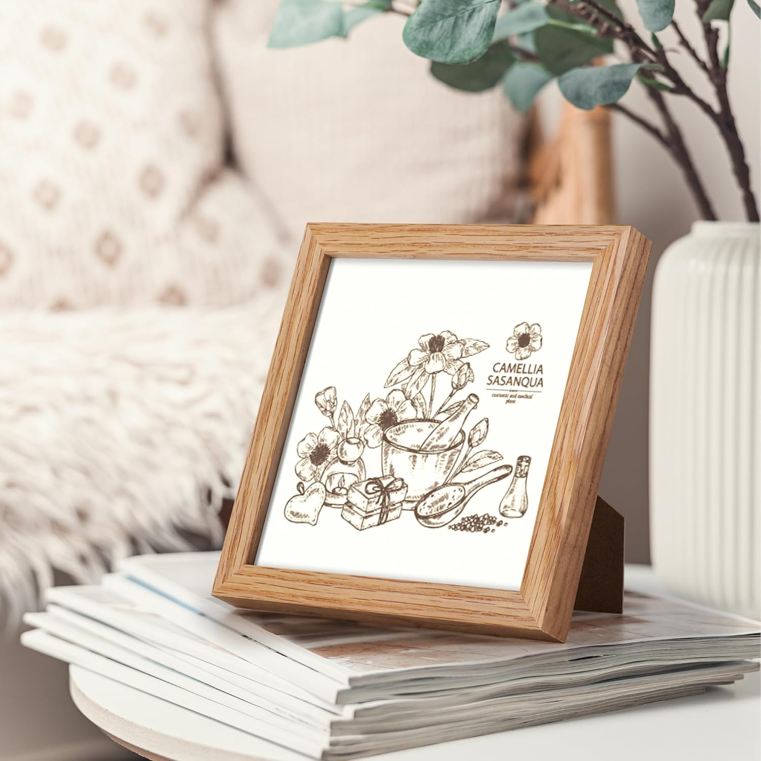 6x6 Picture Frames, Solid White Oak Wood Frame 6 x 6 with Stand for Wall & Tabletop Display, Rustic Wooden Photo Frame 6 by 6 with Real Glass, 6x6 Frame Matted to 4x4, Natural Color, Set of 4