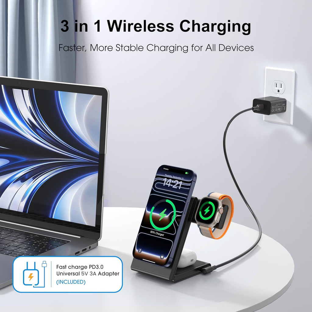 3-in-1 Wireless Charging Station, Standard 20W Fast Magnetic Foldable Magsafe Charger Stand for iPhone 17 16 15 14 13 Series, Travel Charger for iWatch 11/10/Ultra 2/AirPods 4 Series(Adapter Included)