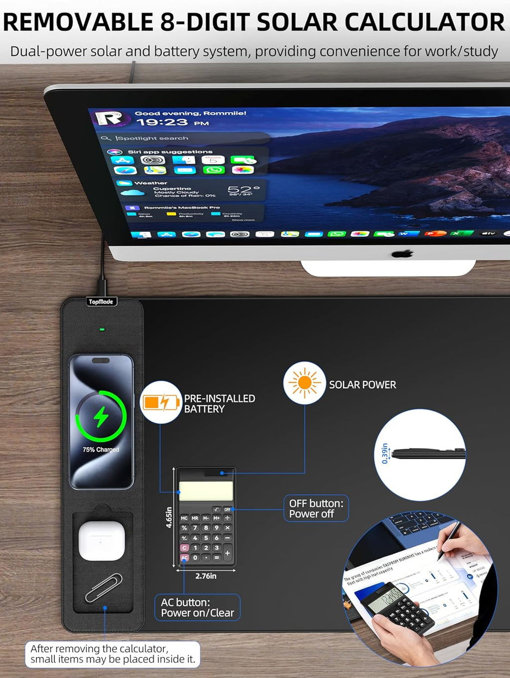 TopMade Mouse Pad with 15W Wireless Charging, Removable 8-Digit Solar Calculator, 31.5" x 15.75" XXL Large Desk Pad, Gaming Computer Keyboard Pad, Waterproof Mousepad Home Office Desk Mat, Black