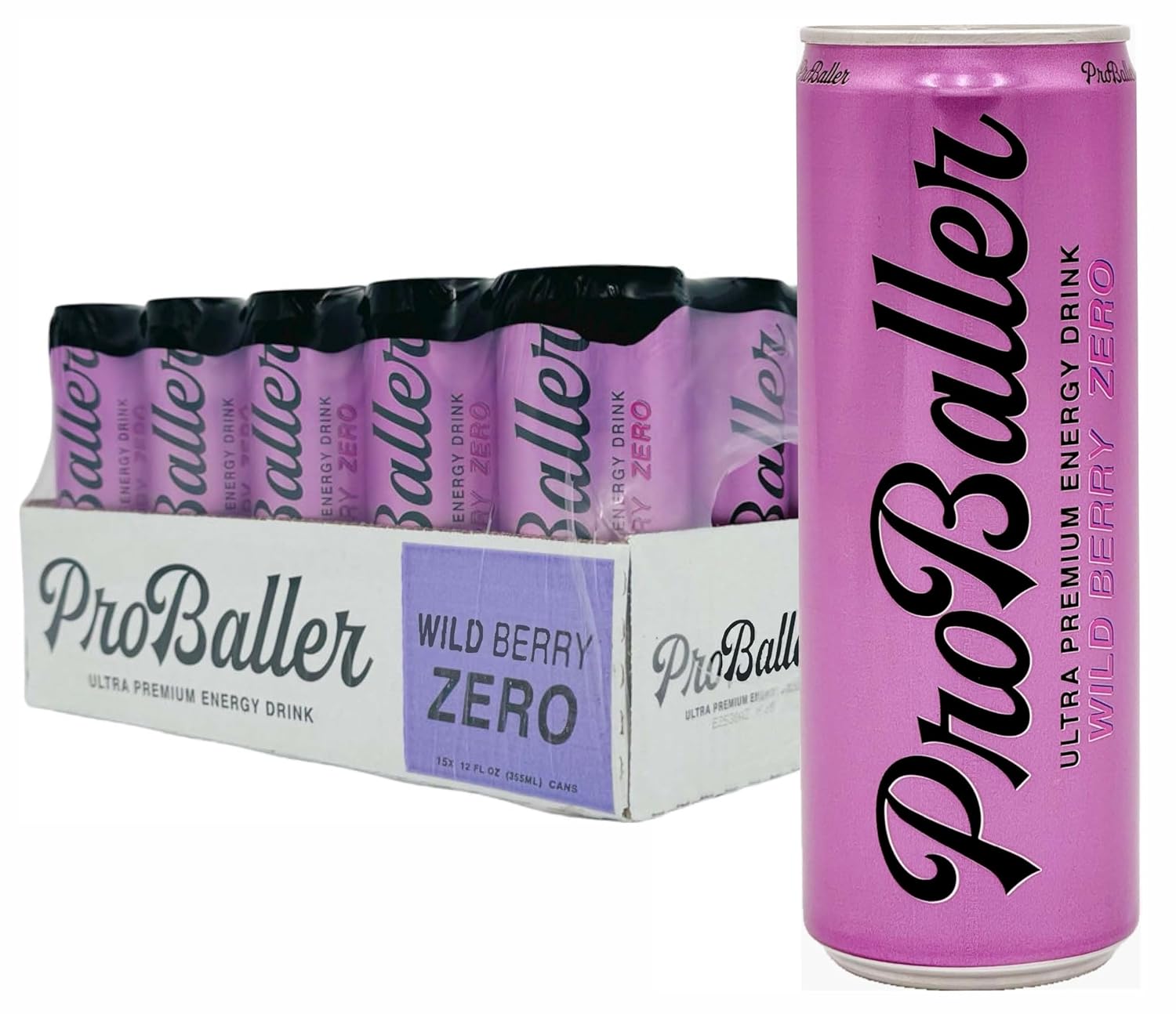 ProBaller Ultra Premium Zero Sugar Energy Drink - Natural & Clean NSF Certified Sport Drink with Amino Acids, Taurine, Biotin, Vitamin B 12 Methylcobalamin, & Electrolytes - 15 Pack - Wild Berry