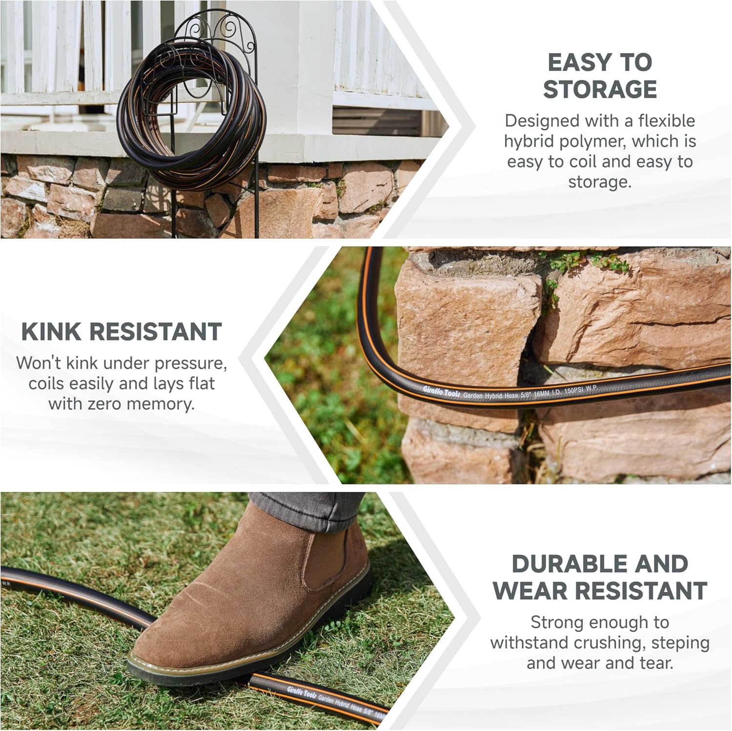 Giraffe Tools Leader Hose 8ft x 5/8", Custom Length, Heavy Duty, No Kink, Flexible, Rubber Garden Hose, Leakproof Water Hose with Female to Female Fittings, 600 Burst PSI