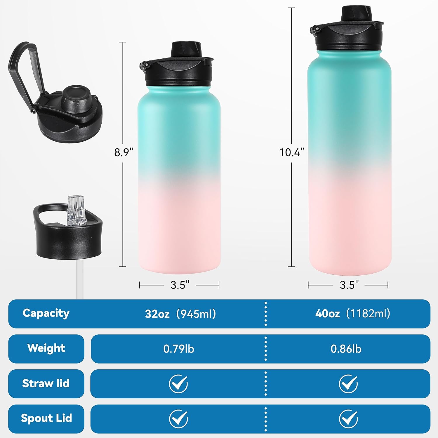 VEGOND 32 oz Insulated Water Bottle Bulk Stainless Steel Metal Water Bottles with Leak Proof Straw Lid & Spout Lid, Wide Mouth Double Walled Vacuum Travel Sports Bottle, 8 Pack